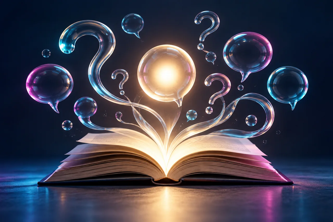 Beleuchtetes offenes Buch mit blauen und rosa Sprechblasen und Fragezeichen aus Glas