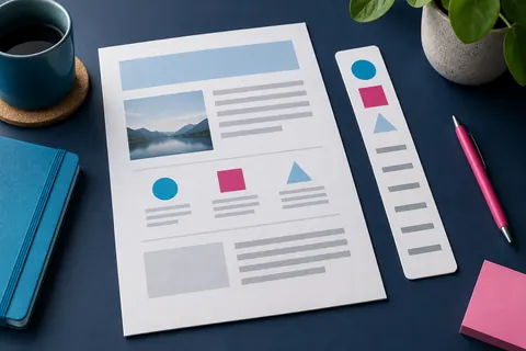 Page vierge structurée en blocs lisibles avec guide de lecture sur un bureau bleu nuit