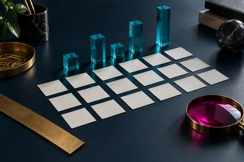 Tuiles de données vierges alignées avec des colonnes en verre cyan et une loupe magenta