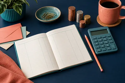 Carnet de budget, calculatrice et pièces rangées sur un bureau
