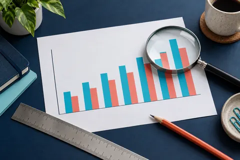 Graphique en barres examiné à la loupe sur un bureau