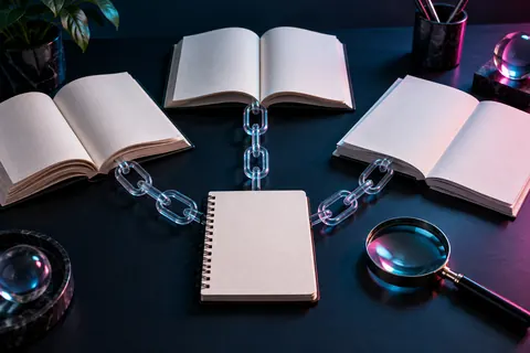 Documents ouverts et loupe reliés à un carnet par des fils de verre