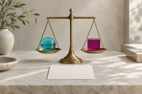 Balance en laiton portant une sphère cyan et un cube magenta