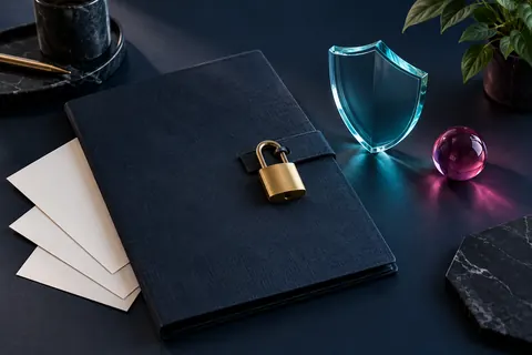 Dossier bleu nuit fermé par un cadenas devant un bouclier en verre cyan
