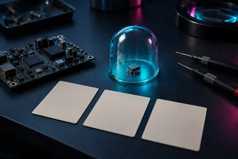 Composant électronique isolé sous une cloche en verre cyan près de sondes de précision