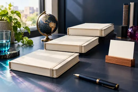 Trois carnets clairs disposés en progression avec un globe et une carte vierge