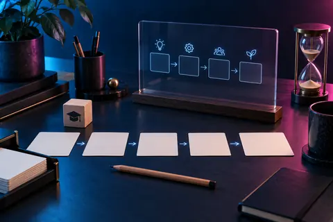 Cartes pédagogiques vierges ordonnées sur un bureau avec sablier et crayon