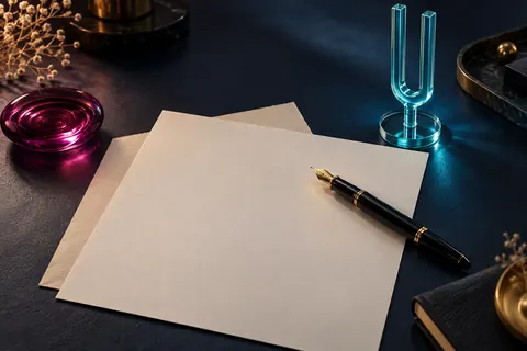 Stylo-plume sur des feuilles vierges près d’un diapason en verre cyan