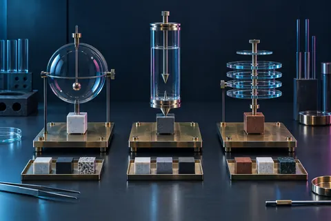 Trois instruments transparents comparés sur un banc de test avec jauges neutres