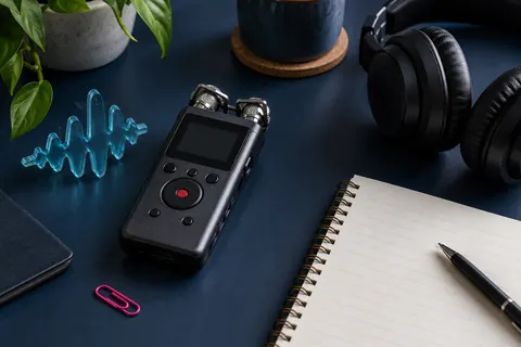 Enregistreur audio et notes vierges sur un bureau bleu nuit