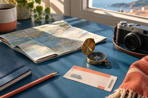 Carte de voyage, boussole et appareil photo sur une table bleue