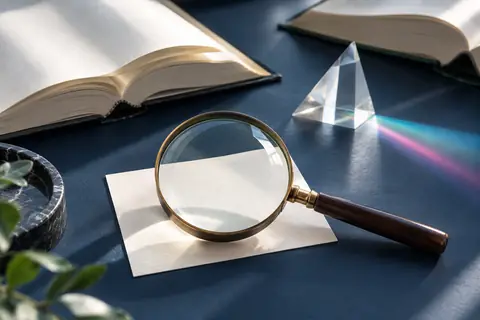 Loupe au-dessus d’une carte vierge avec livres ouverts et prisme lumineux