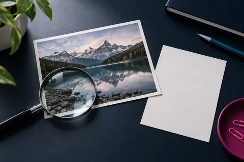 Photographie imprimée observée à la loupe sur un bureau bleu nuit