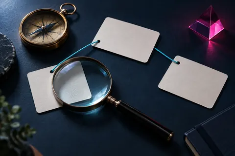 Loupe reliant trois cartes sources vierges près d’une boussole en laiton